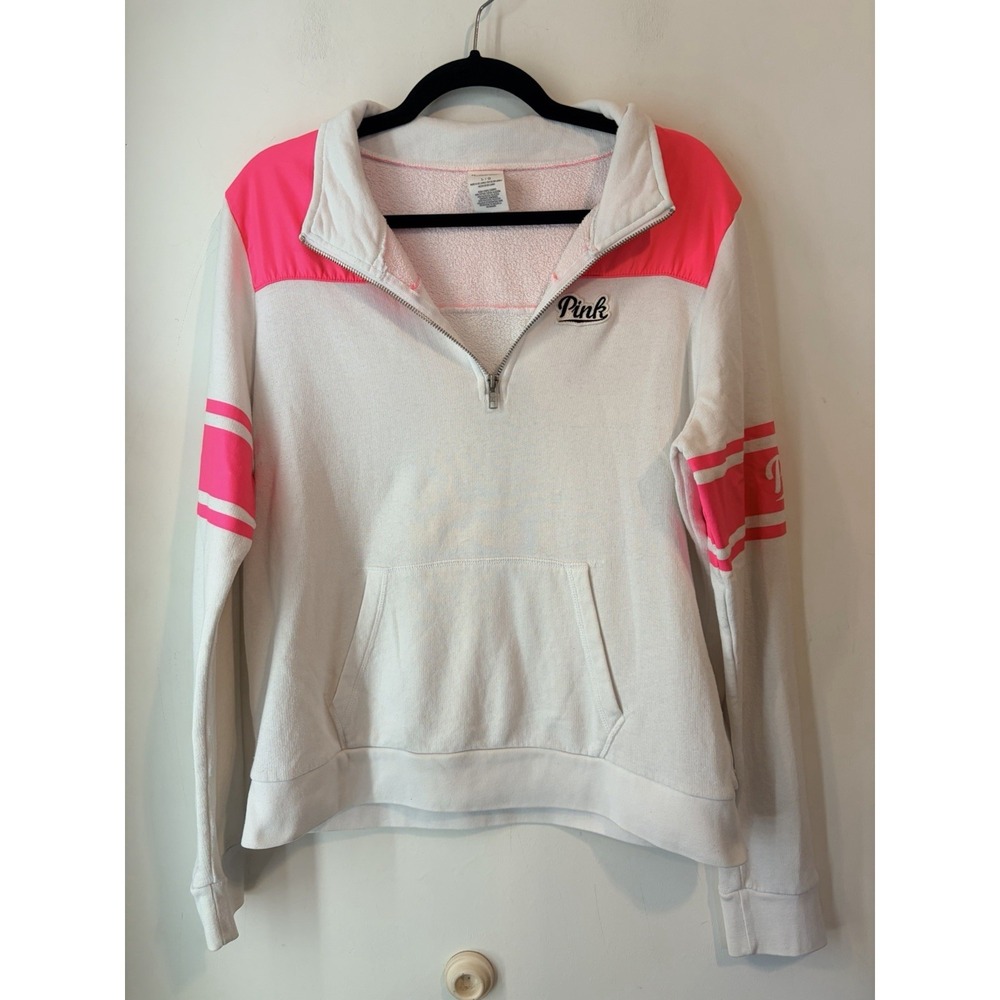PINK Victoria's Secret Quarter Zip Pullover Large White Pink Y2k Style College